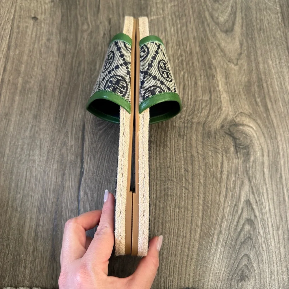 Tory Burch T monogram sandals Green and Beige Women's Slides espadrille size 8.5 - Picture 11 of 13